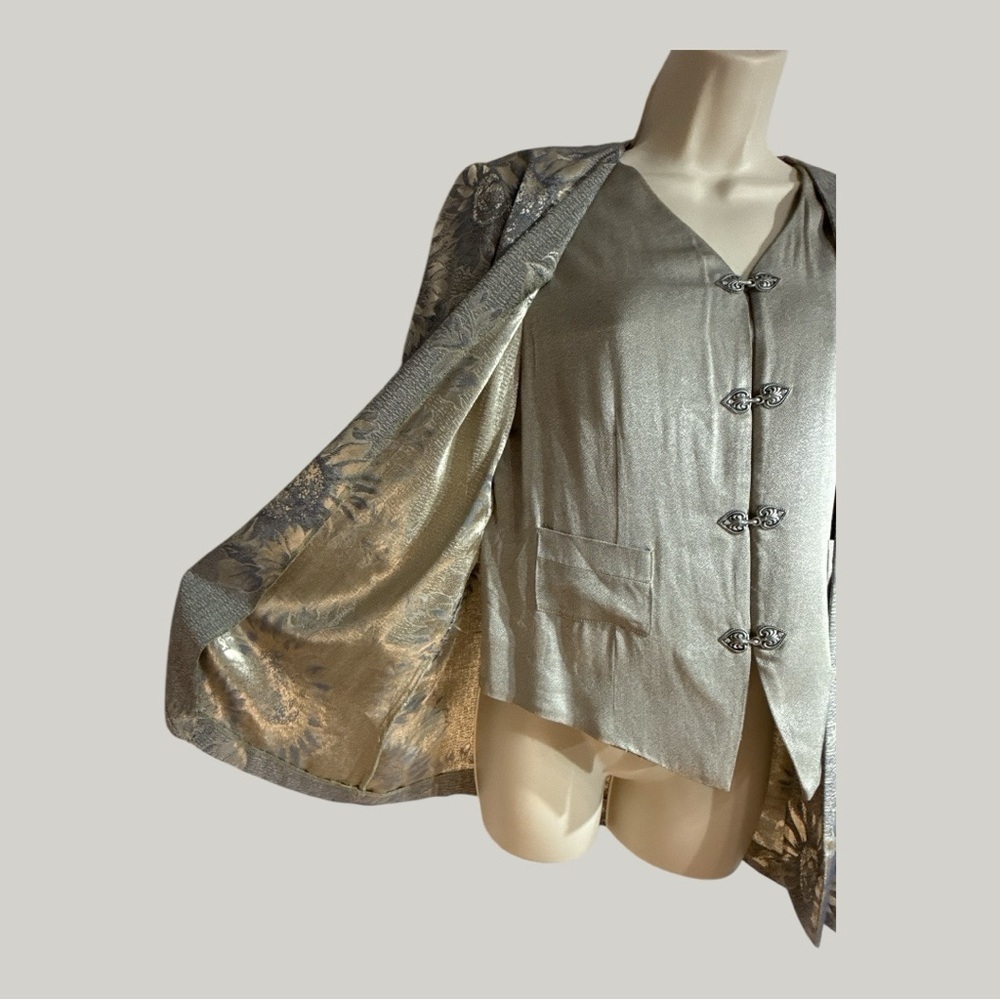 Vintage 2 PC Satin Feel Pants Suit Jacket Vest Combo Pewter Color Floral 10P - Picture 3 of 11
